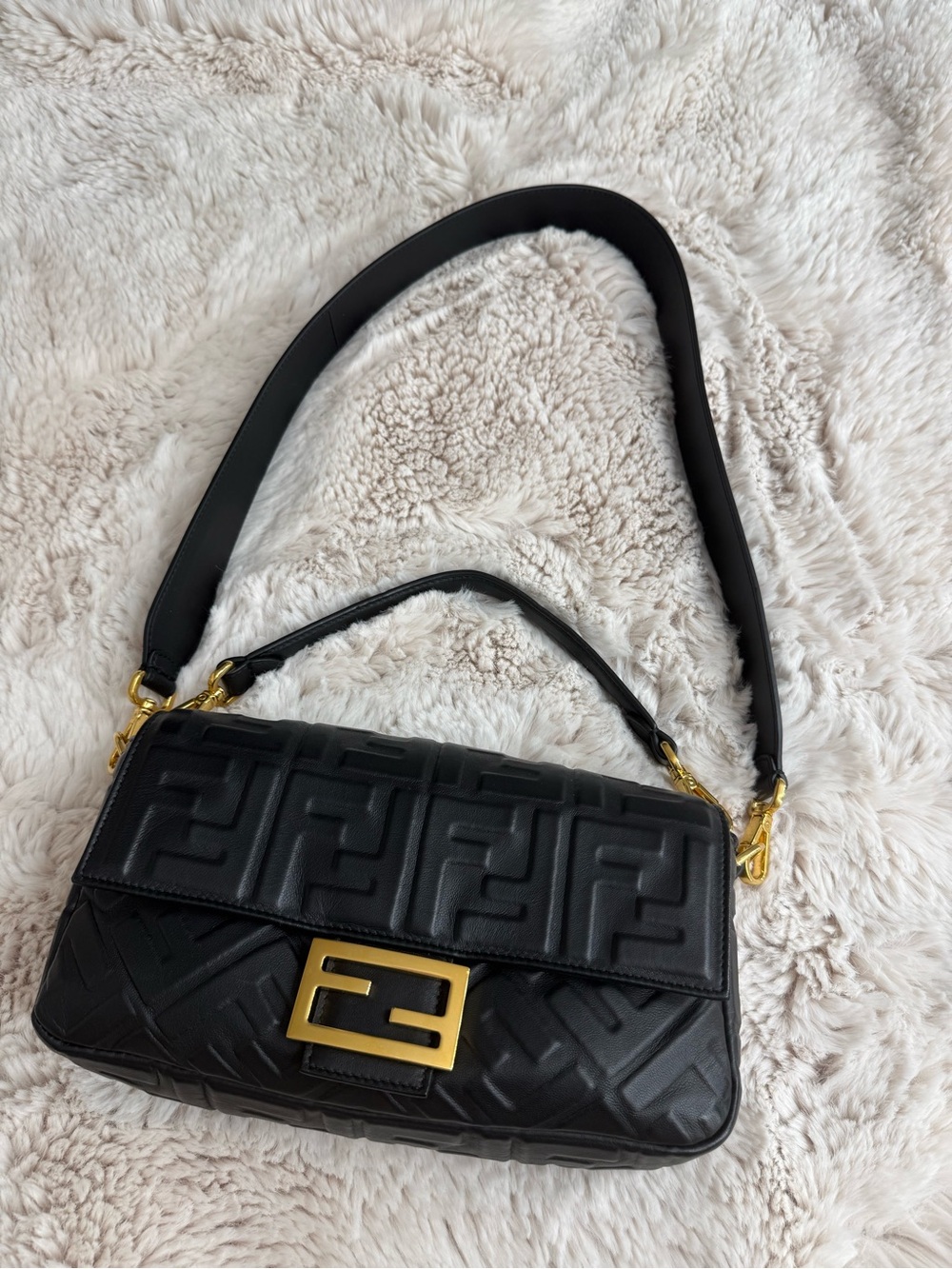 Fendi Black FF Embossed Nappa Leather Baguette Bag
